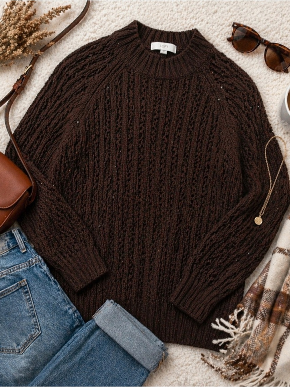 LOFT Dark Brown Cable Knit Sweater XS Chunky Cozy Pullover